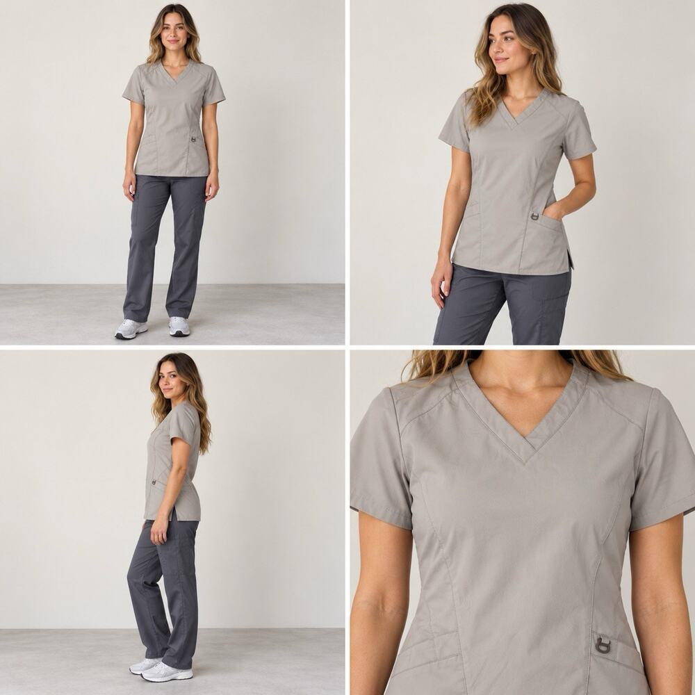 WonderWink W123 Scrub Top Womens Small Gray V Neck Modern Fit Medical